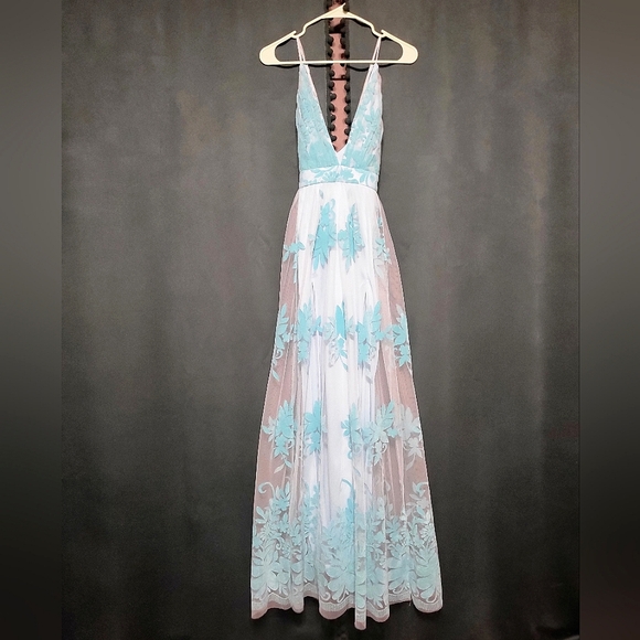 Windsor- Aqua Tulle & Velvet Maxi Dress- Size Medium/Large - Picture 2 of 7